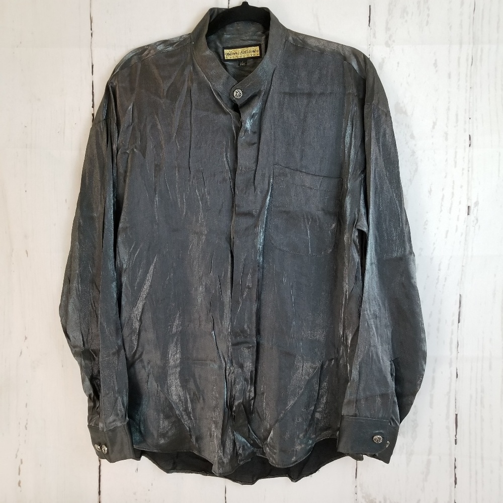 Henri Valdise Button Down Sz L 16 Shiny Gray